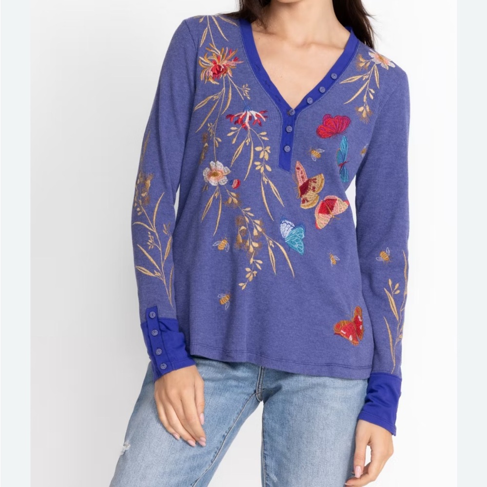 Johnny Was Top Women’s S Sundance Catalog Blue Embroidered Aria V-Neck Thermal